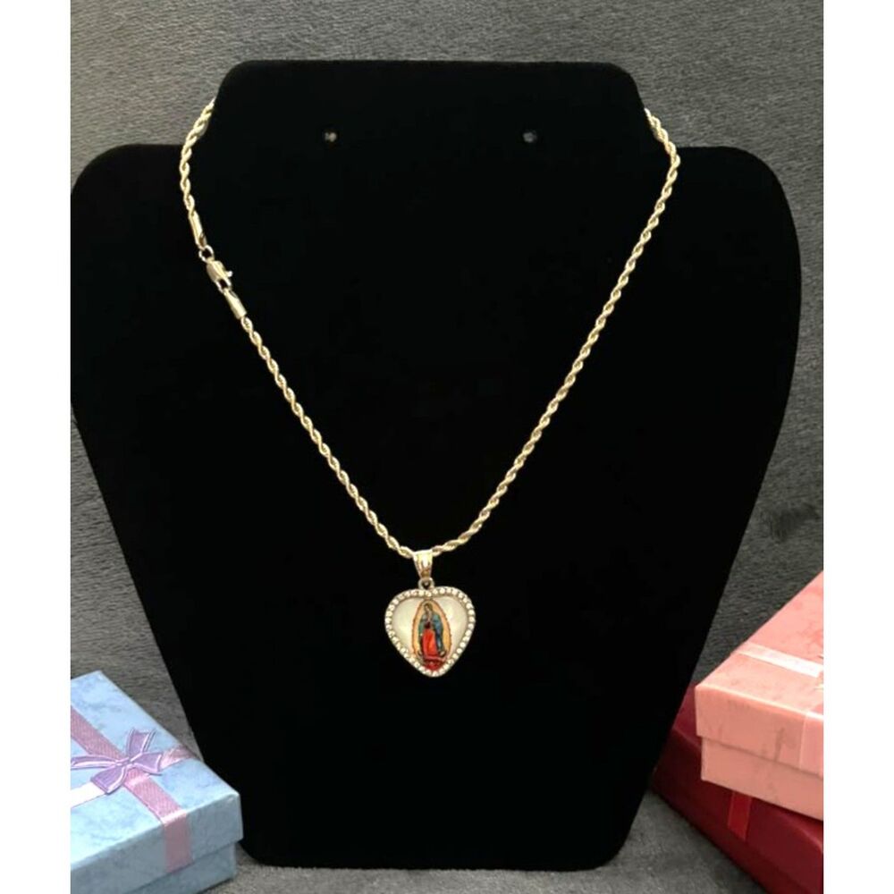 18K Gold Filled Virgin Mary Guadalupe Heart Enamel Pendant 2.5mm 18" Rope Chain